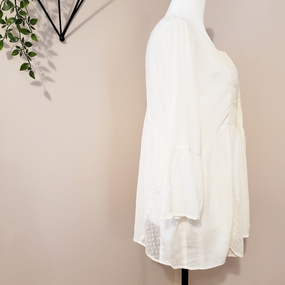 CREPE PEASANT MESH FLOWY LONG SLEEVE CREAM TOP - Picture 10 of 16